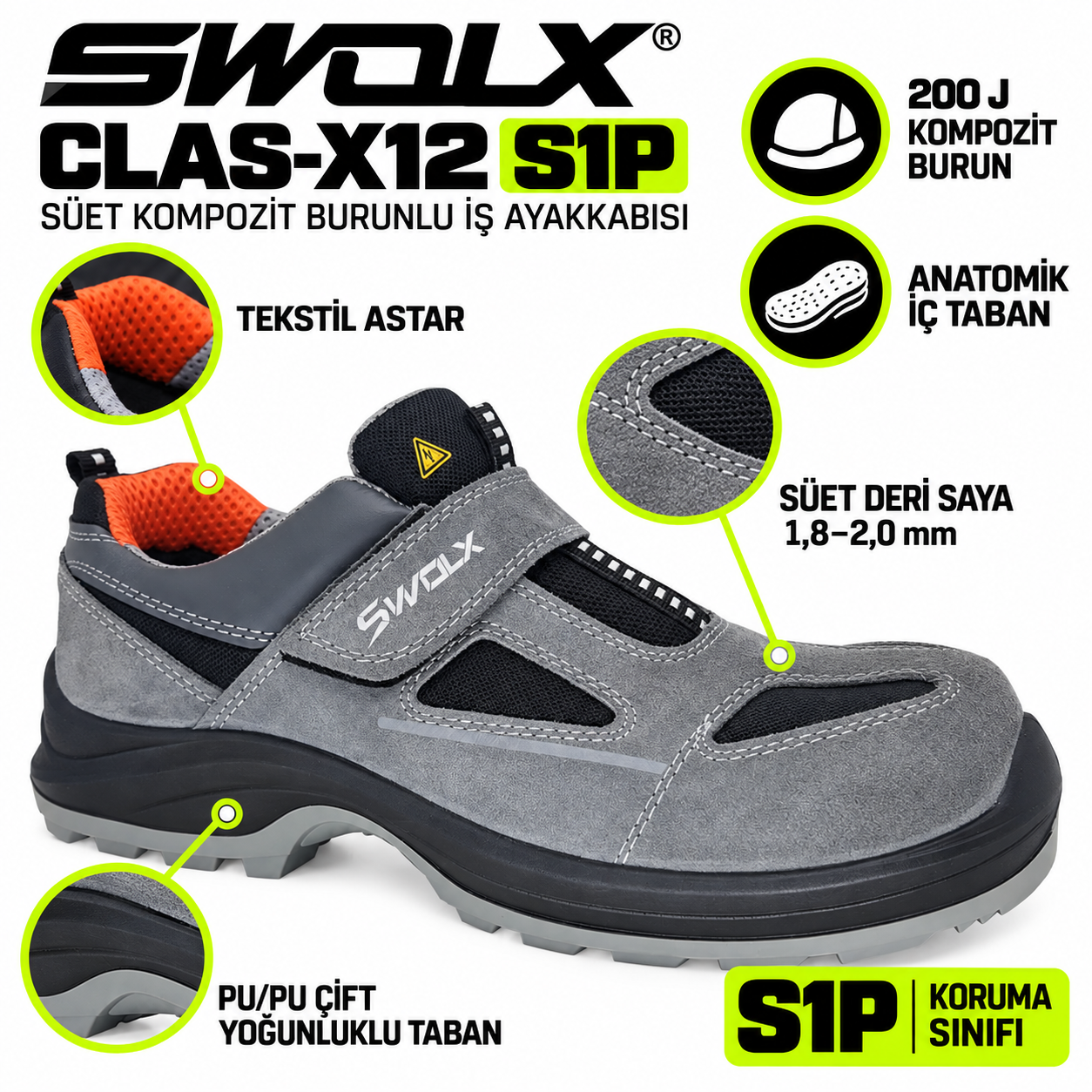 Swolx CLAS-X12 S1P gri süet kompozit burunlu iş ayakkabısı ve ürün özellikleri