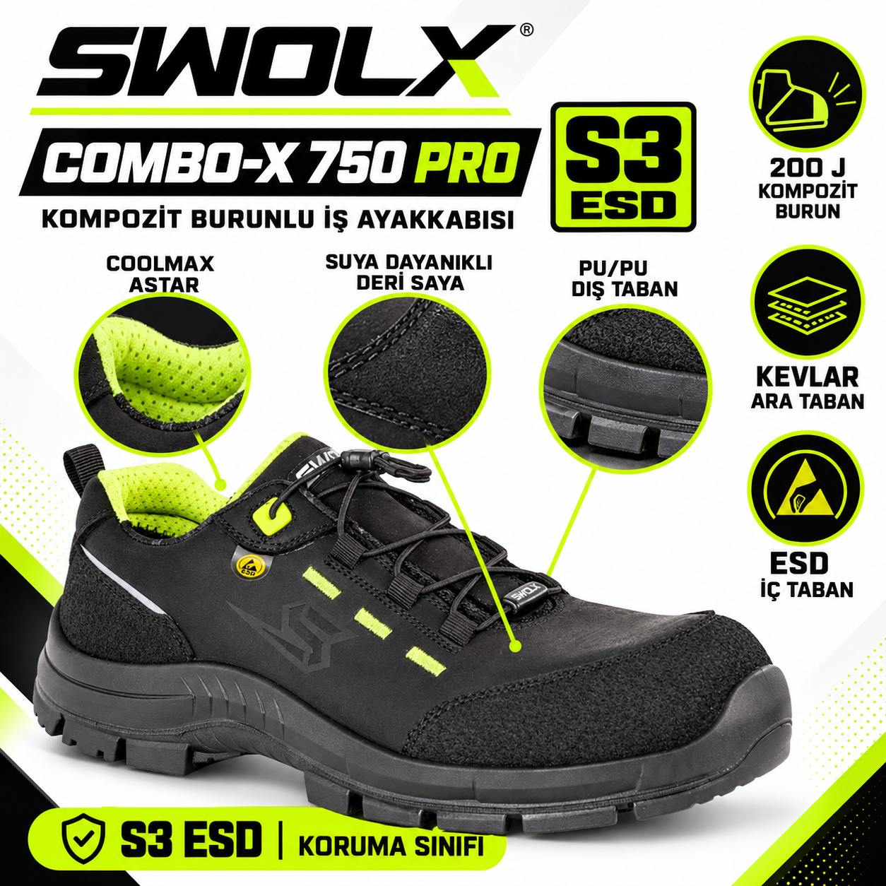 Swolx iş ayakkabısı Combo-X 750 Pro S3 ESD teknik özellikleri