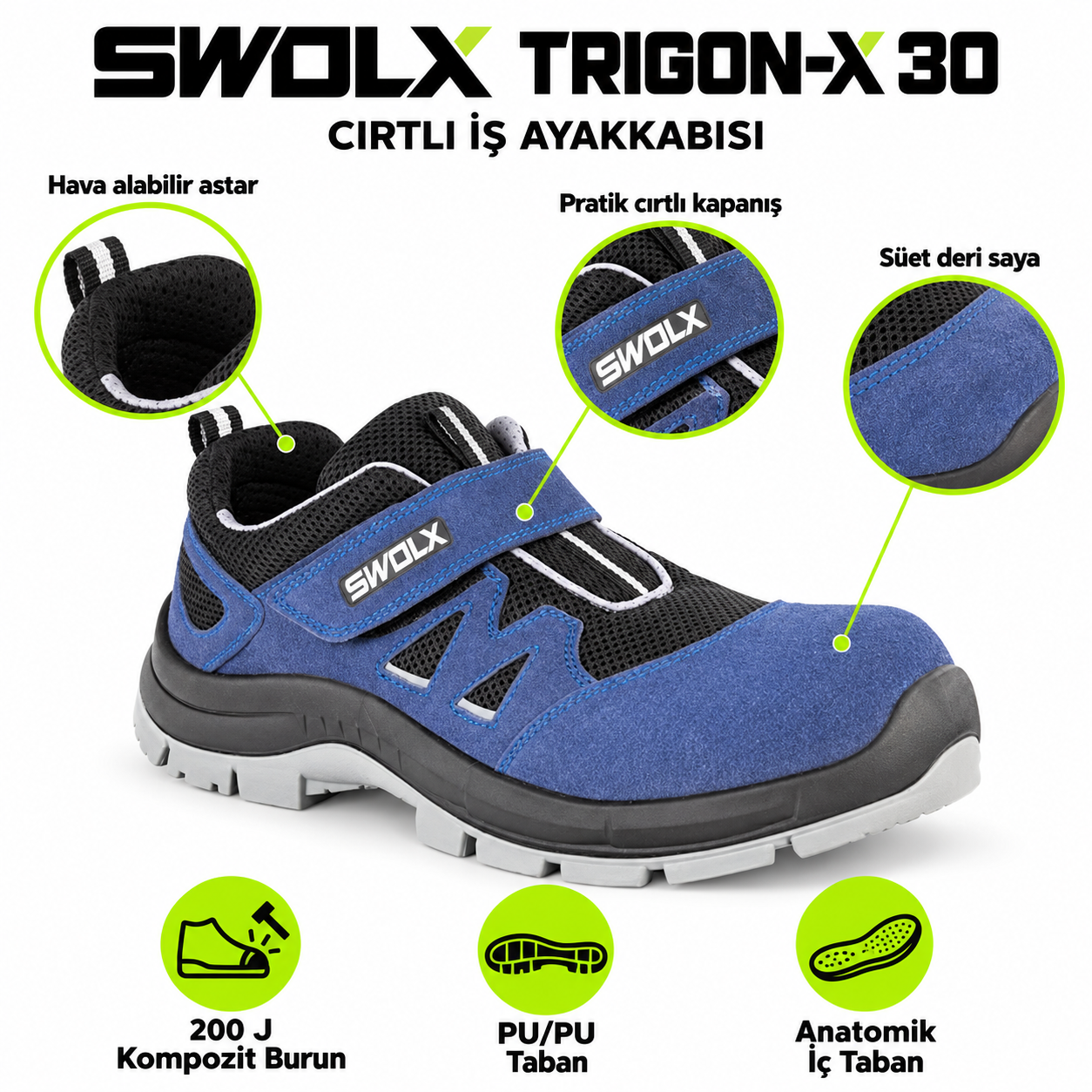 Swolx iş ayakkabısı Trigon-X 30 mavi cırtlı model özellikleri