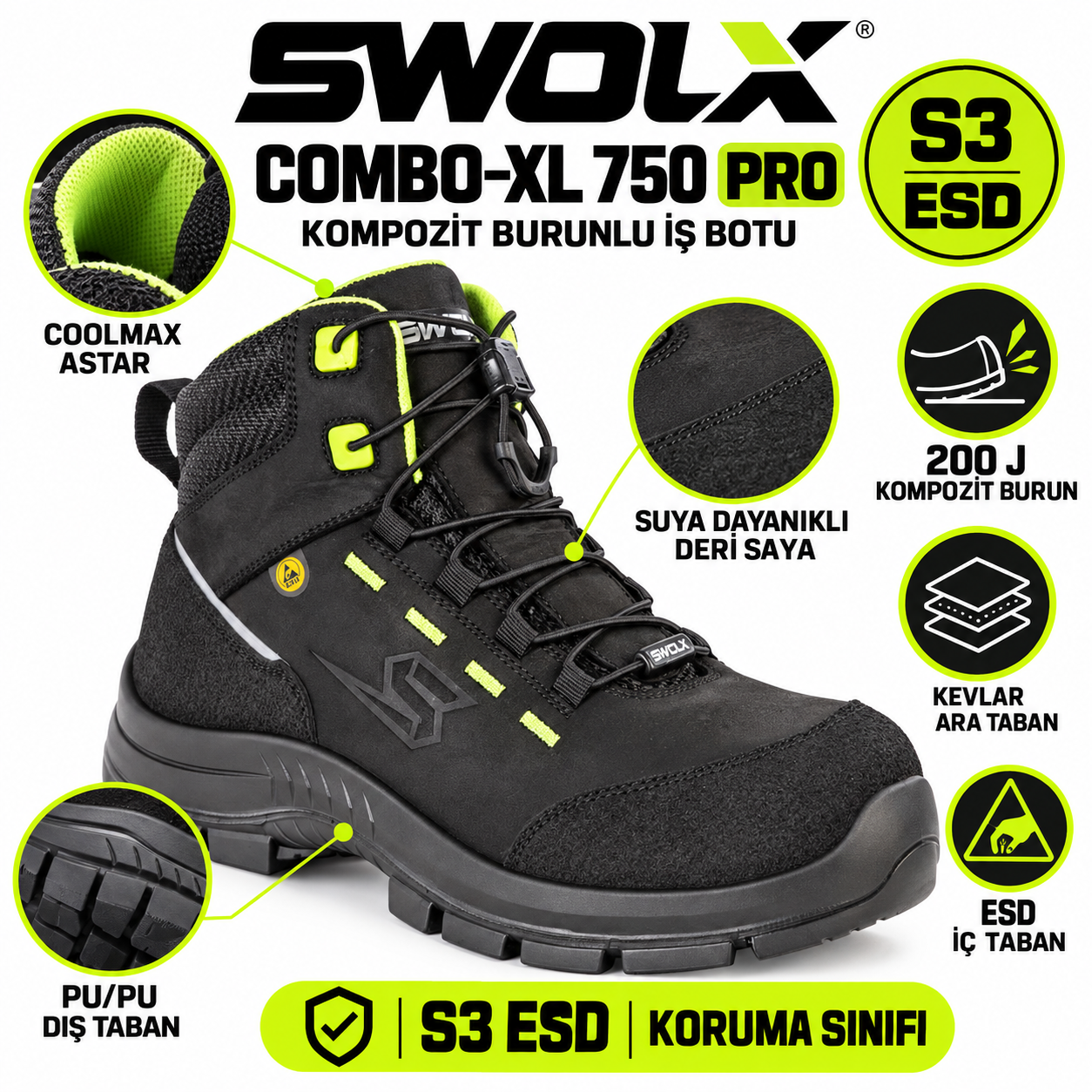 Swolx iş botu Combo-XL 750 Pro S3 ESD teknik özellikleri