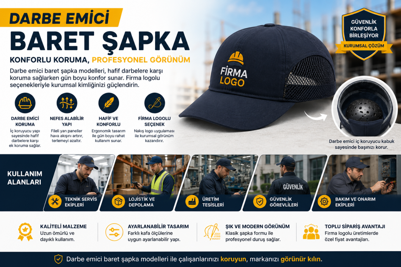Firma Logolu Darbe Emici Baret Şapka Nedir? Kurumsal Görünüm ve Baş Korumasını Bir Arada Sunan Çözüm