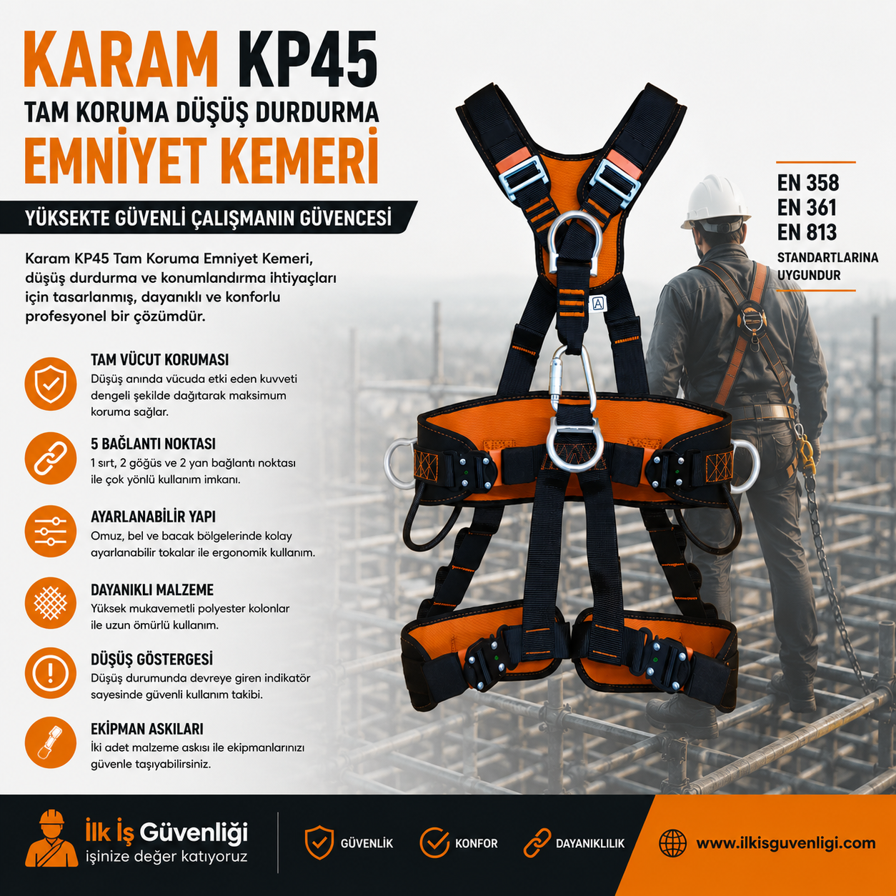 Karam KP45 Tam Koruma Düşüş Durdurma Emniyet Kemeri: Yüksekte Çalışmalarda Maksimum Güvenlik
