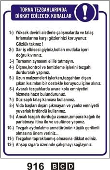 Torna Tezgahlarında Dikkat Edilecek Kurallar 35x50 cm PVC(Plastik) 0,50mm