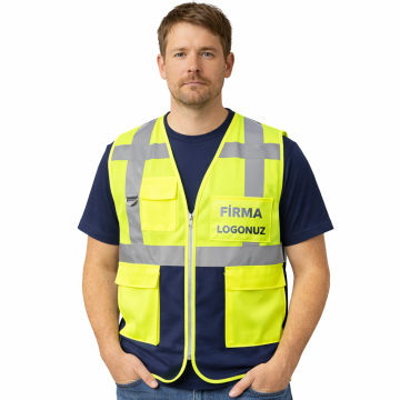 Logo Baskılı Sarı Lacivert Mühendis Yeleği