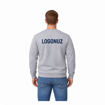 Logo Baskılı Gri Bisiklet Yaka Sweatshirt