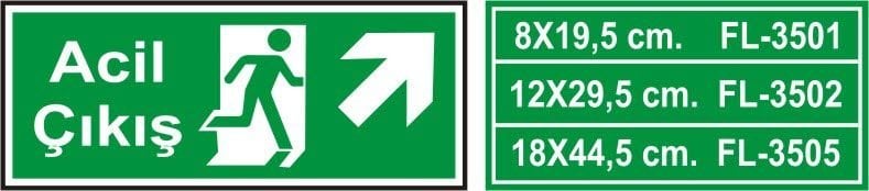 Acil Çıkış Levhası Sağ Yukarı Yön 18x44,5 cm 3 mm Dekota Üstü Fotolümen Acil Çıkış Levhası