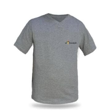 V Yaka Penye Tişört Logo Baskılı Kısa Kollu Gri