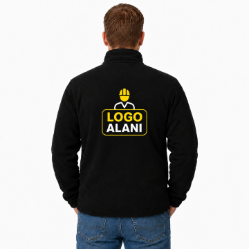Logo Baskılı Polar Mont Tam Fermuarlı 3 Cepli Siyah XXL