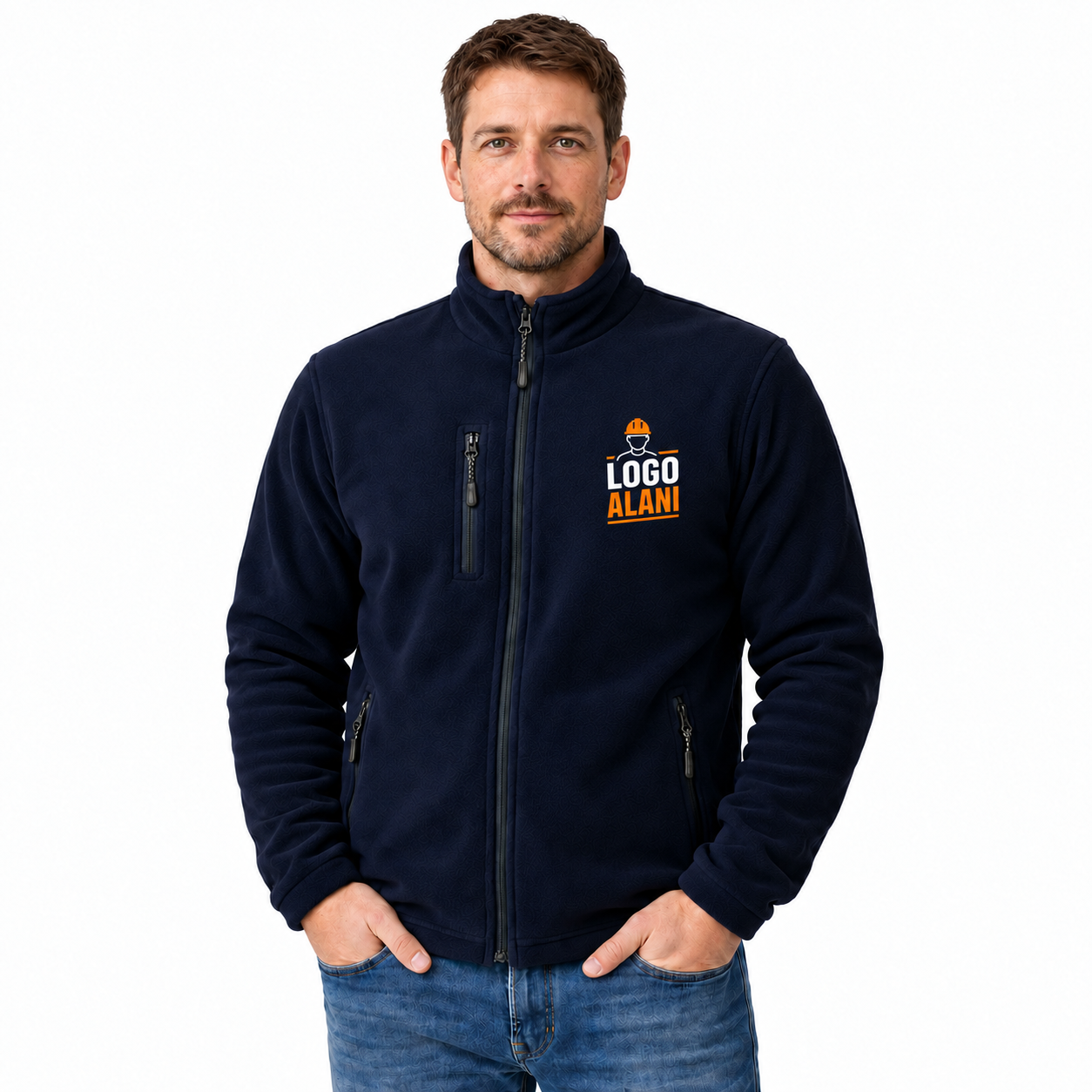 Logo Baskılı Polar Mont Tam Fermuarlı 3 Cepli Lacivert