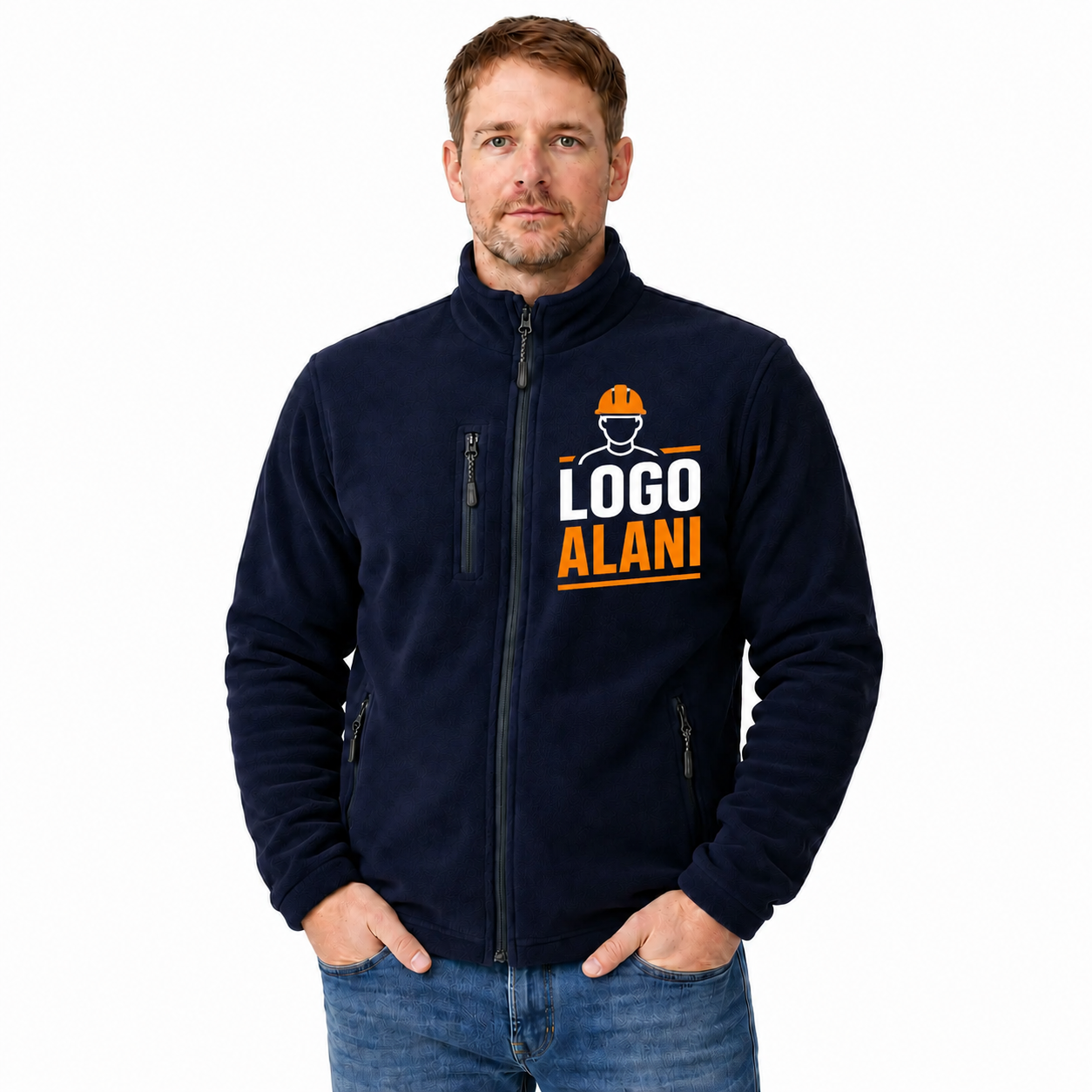 Logo Baskılı Polar Mont Tam Fermuarlı 3 Cepli Lacivert