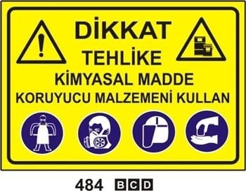 Dikkat Tehlike Kimyasal Madde Koruyucu Malzemeni Kullan 35x50 cm Sticker Etiket