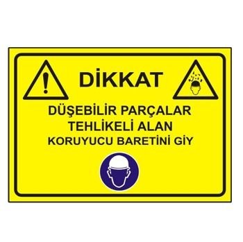 Dikkat Düşebilir Parçalar Tehlikeli Alan Koruyucu Baretini Giy 35x50 cm Sticker Etiket