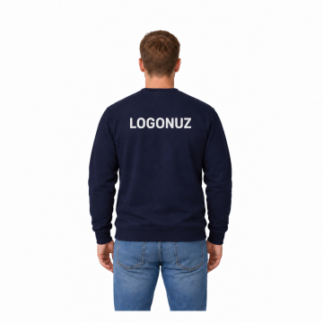 Logo Baskılı Lacivert Bisiklet Yaka Sweatshirt