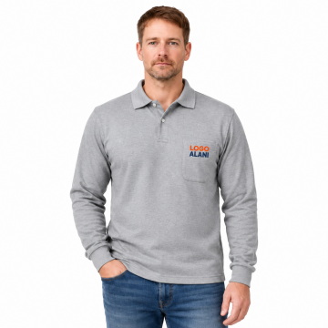Polo Yaka Sweatshirt 2 İplik Gri Renk (Logo Baskılı)