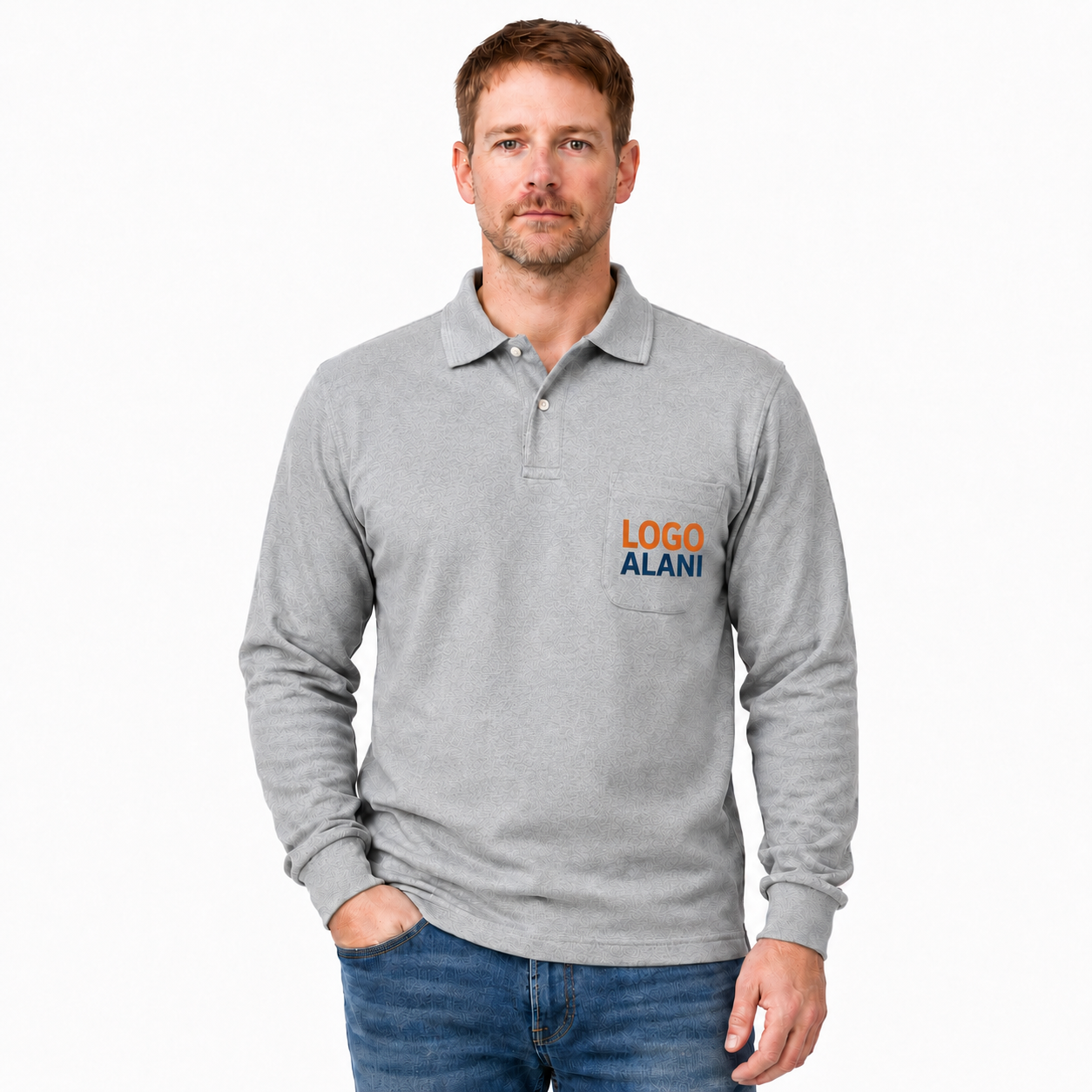 Polo Yaka Sweatshirt 2 İplik Gri Renk (Logo Baskılı)