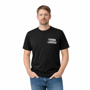 Yuvarlak Yaka Firma Logo Baskılı Tişört Siyah