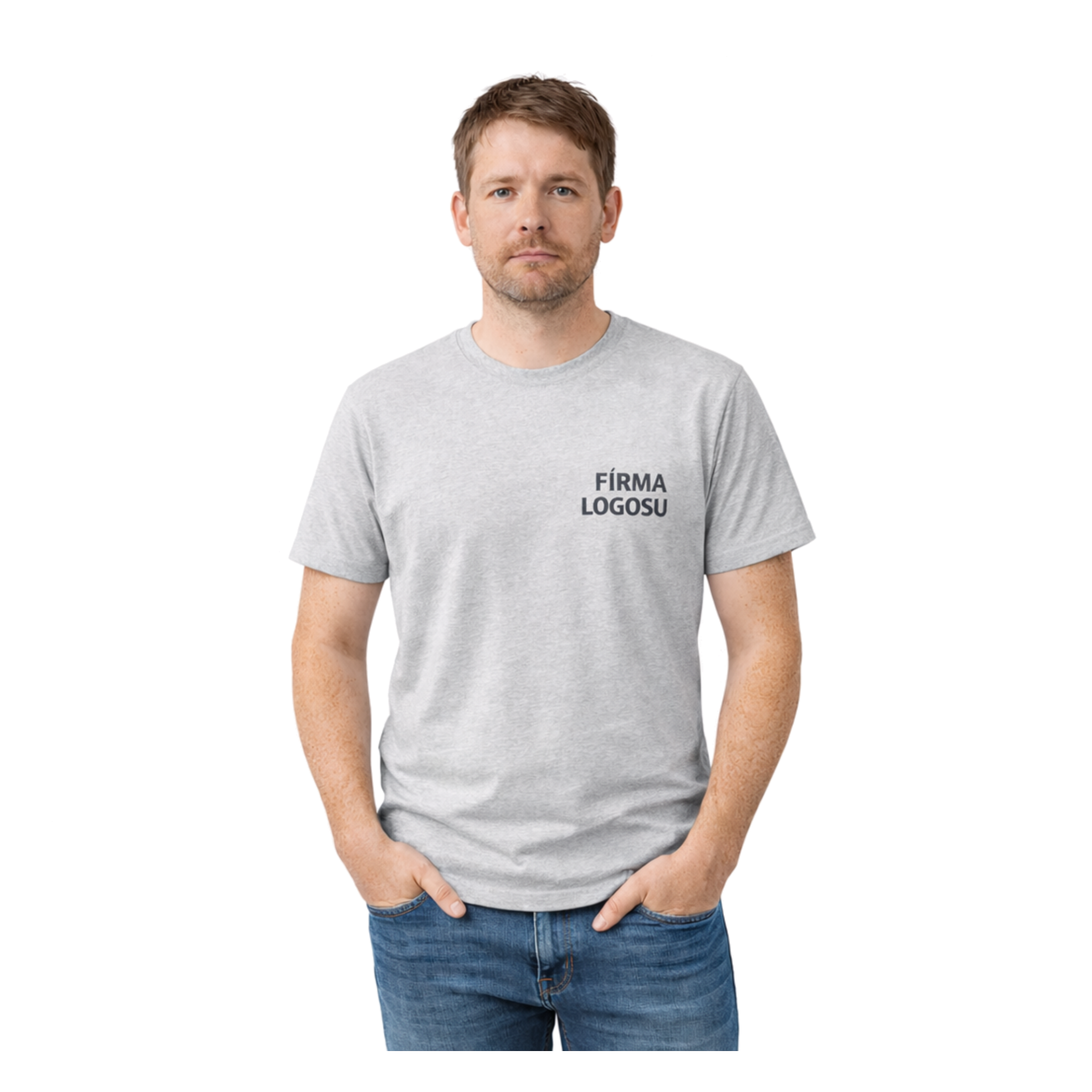 Yuvarlak Yaka Firma Logo Baskılı Tişört Gri