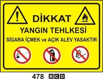 Dikkat Yangın Tehlikesi Sigara İçmek ve Açık Alev Yasaktır 35x50 cm PVC(Plastik) 0,50mm