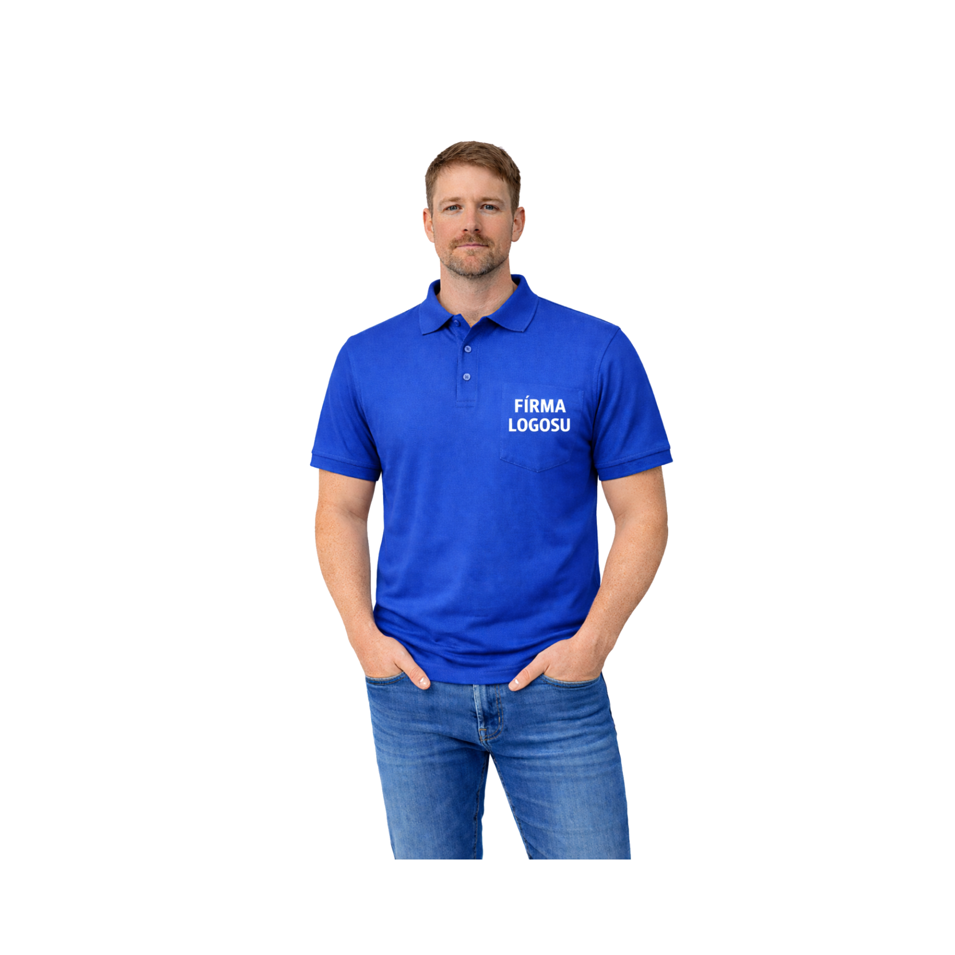 Polo Yaka Firma Logo Baskılı Tişört Mavi