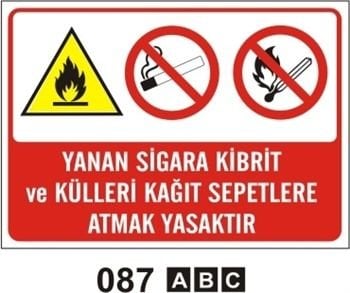 Yanan Sigara Kibrit ve Külleri Kağıt Sepetlere Atmak Yasaktır 25x35 cm Sticker (Yapışkanlı) Etiket