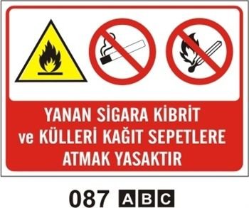 Yanan Sigara Kibrit ve Külleri Kağıt Sepetlere Atmak Yasaktır 25x35 cm Sticker (Yapışkanlı) Etiket