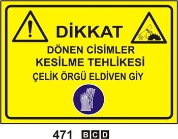 Dikkat Dönen Cisimler Kesilme Tehlikesi Çelik Örgü Eldiven Giy 50x70 cm Saç (Galvaniz) 0,50mm